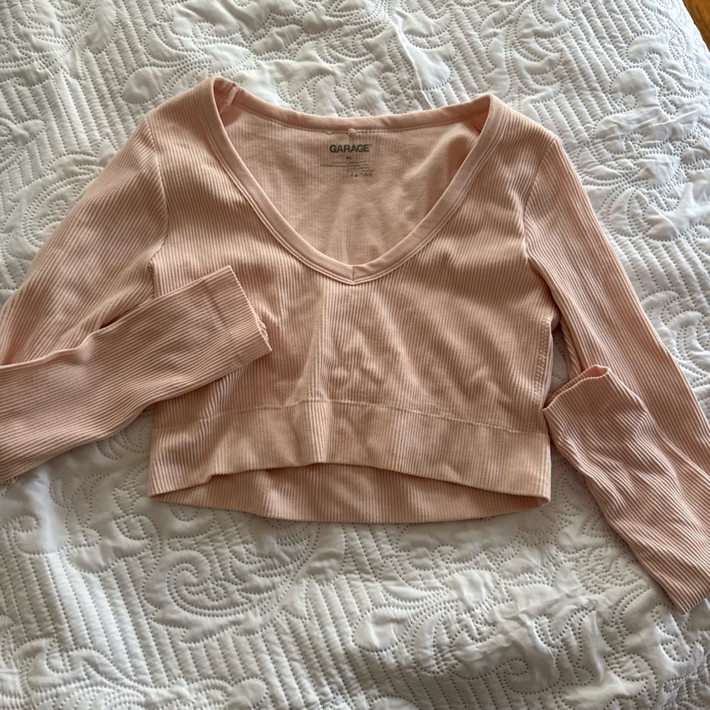Garage Women's Light Pink Ribbed V-Neck Top